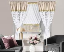 Piękny komplet zasłon z ozdobnymi panelami (Zasłona 145x160cm x 2 sztuki- talerza 120x130cm x 1 panel/6kpt)